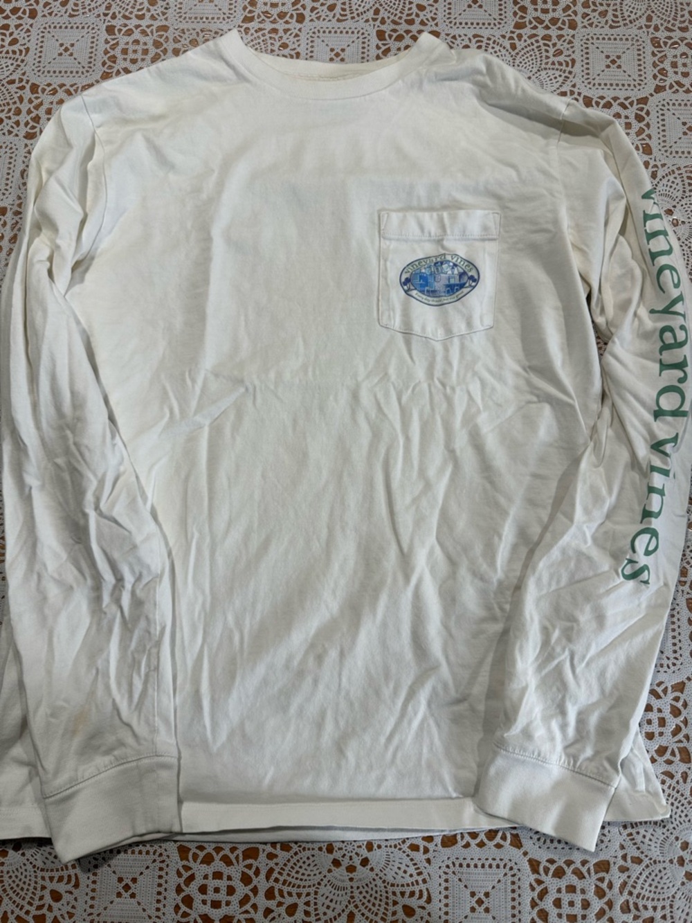 Vineyard Vines Cream Long-Sleeve Pocket Tee with Green Sleeve Logo